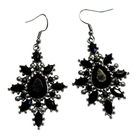 Ornate pierced earrings drop dangle silvertone & black faceted rhinestone drama - Picture 7 of 7